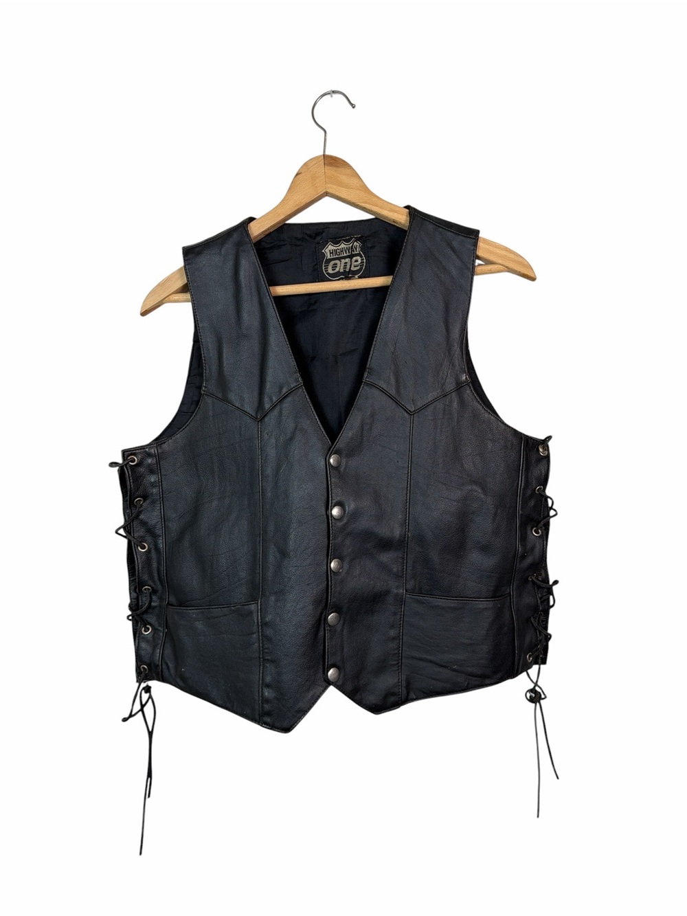 Highway One Black Leather Motorcycle Vest Men’s XL Biker Lace-Up Western